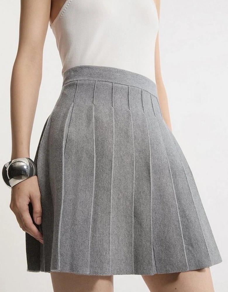 Pleated Wool Look Contrast Knit Mini Skirt