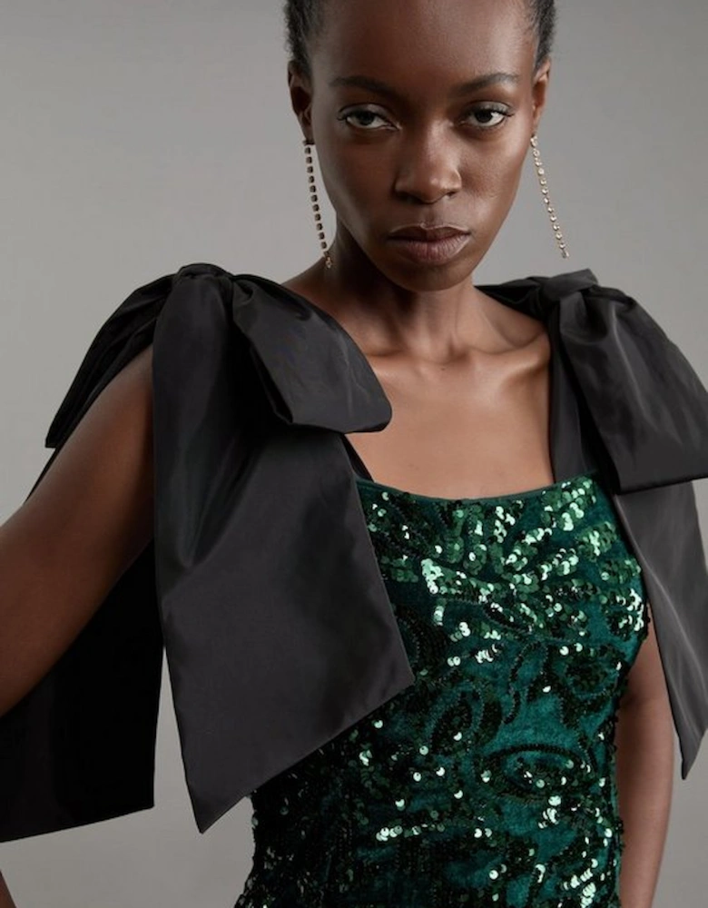 Tall Velvet Sequin Woven Mini Dress With Taffeta Bow Tie Detail