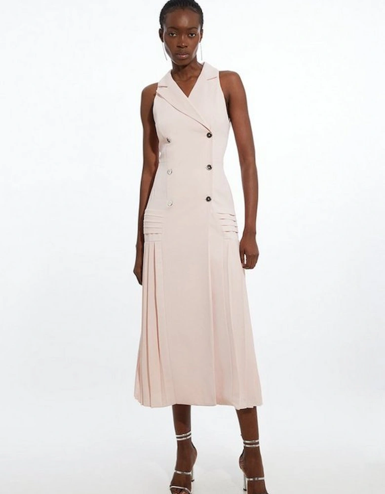 Pleated Button Detail Sleeveless Woven Midi Dress