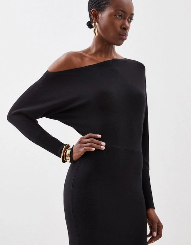 Viscose Blend Knit Asymmetric Neck Midi Dress