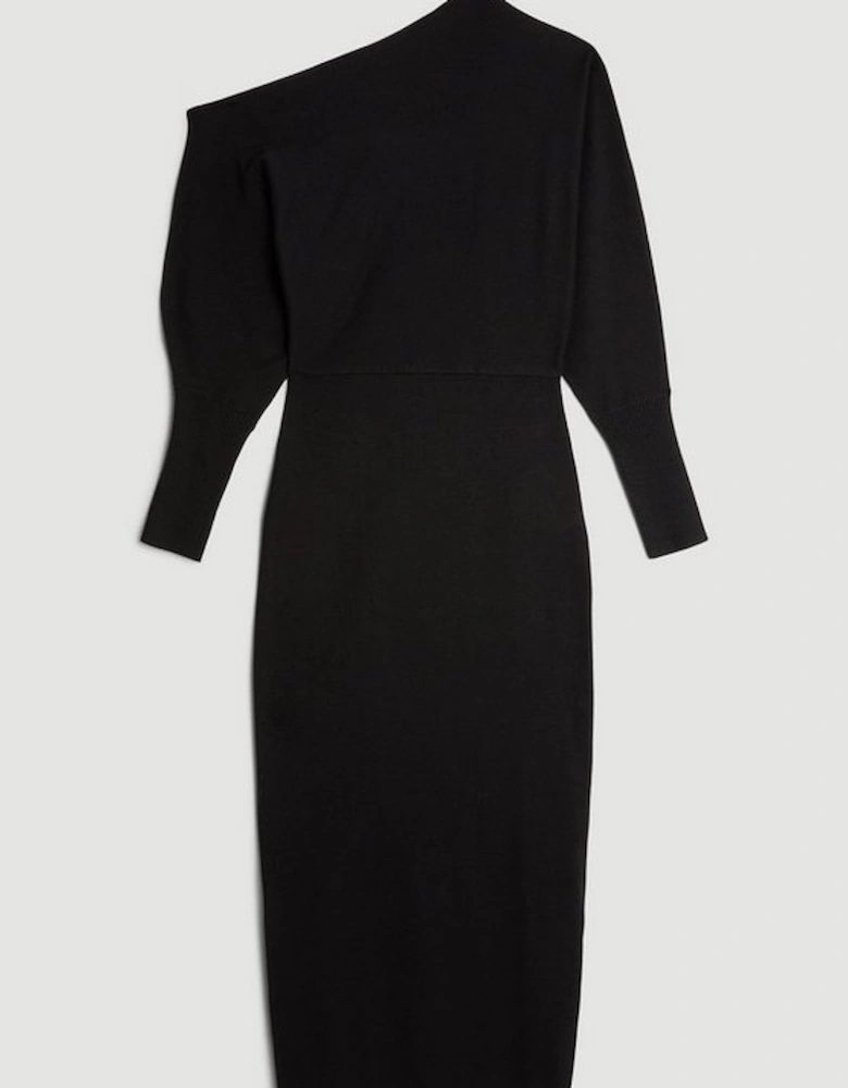 Viscose Blend Knit Asymmetric Neck Midi Dress