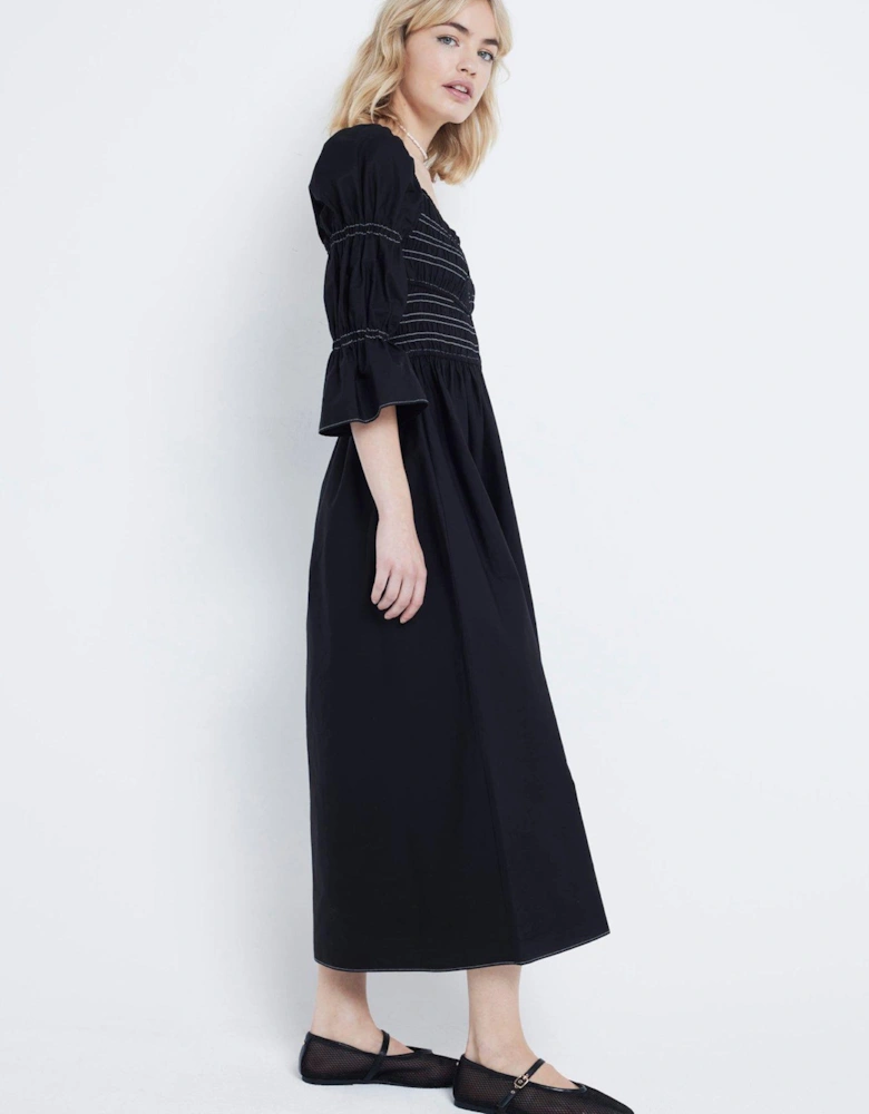 Shirred Detail Midi Dress - Black