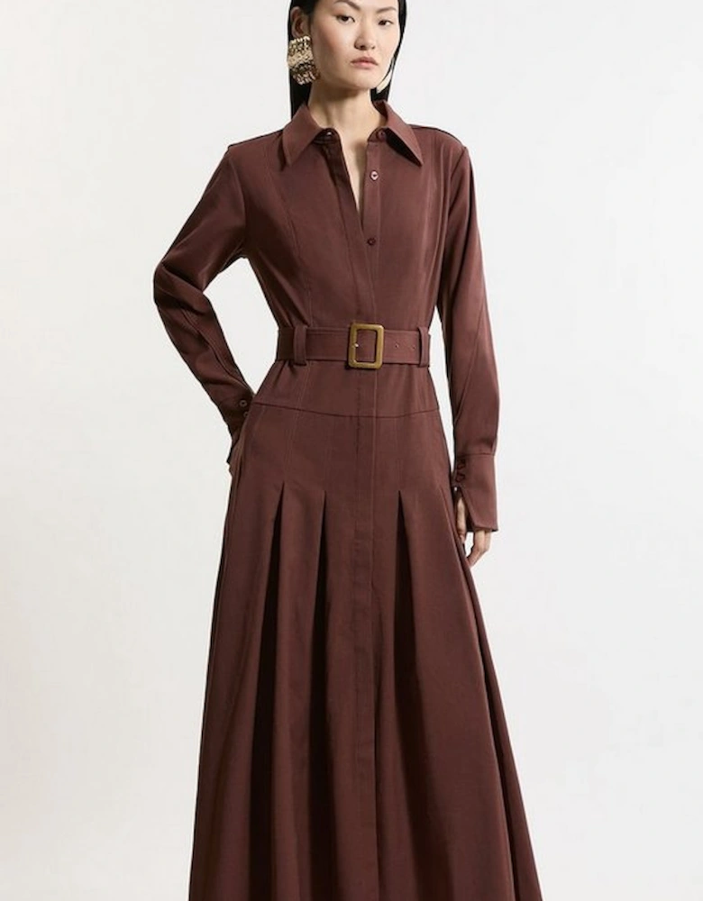 Wool Blend Pleated Tailored Belted Maxi Shirt Dress