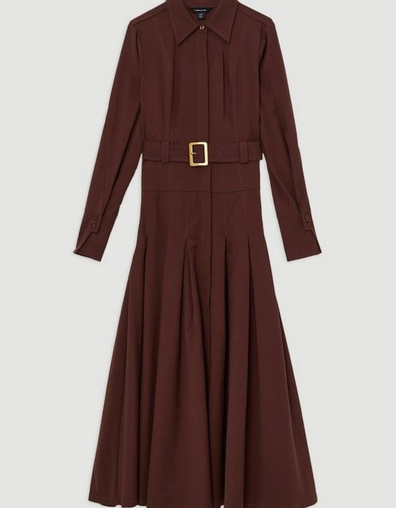 Wool Blend Pleated Tailored Belted Maxi Shirt Dress