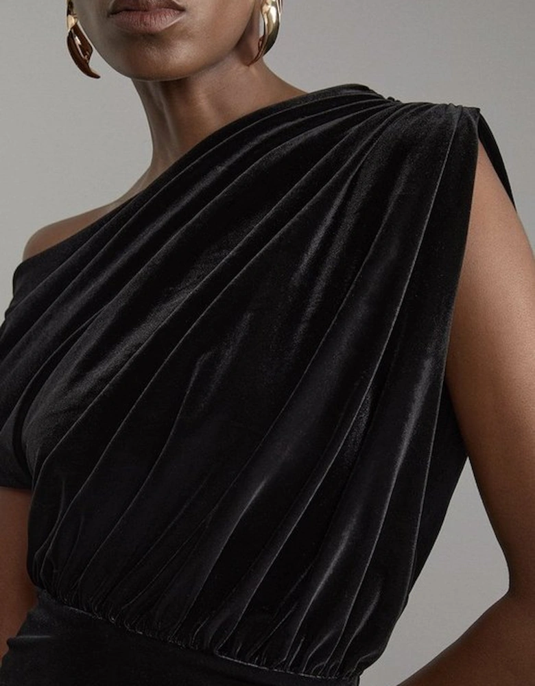 One Shoulder Jersey Draped Midi Dress