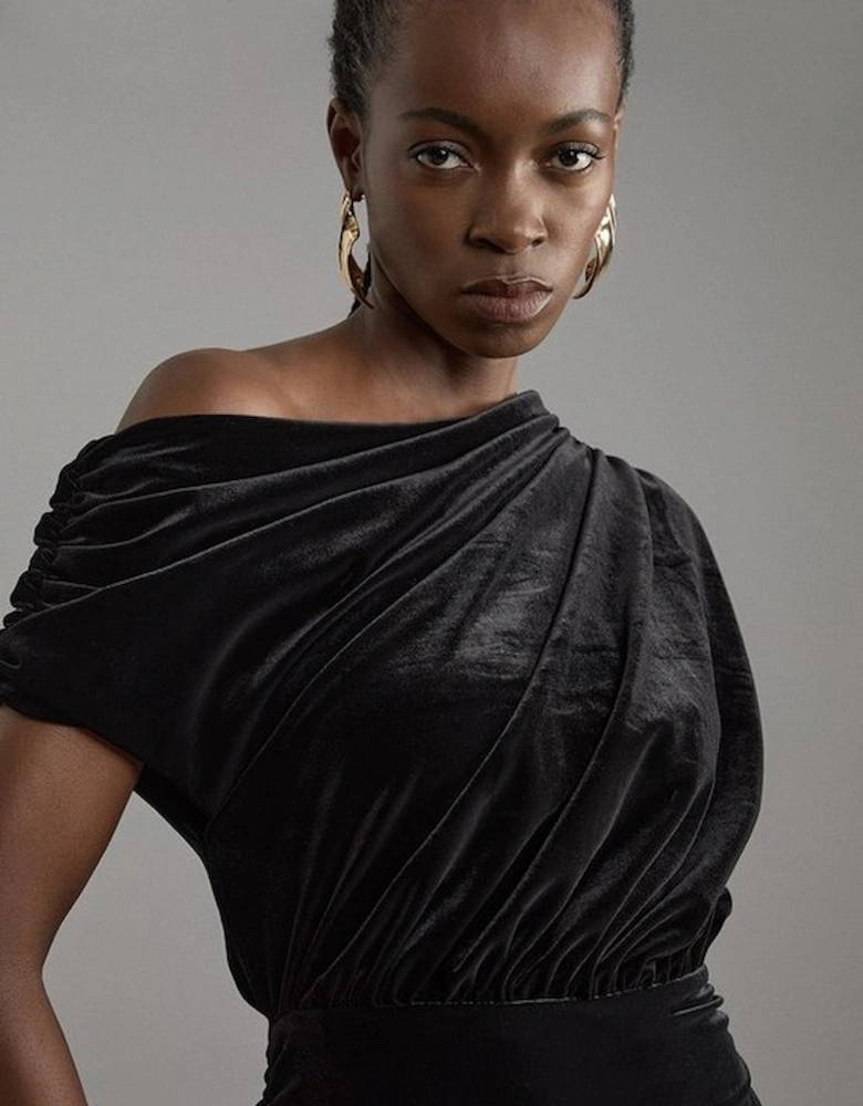 One Shoulder Jersey Draped Midi Dress