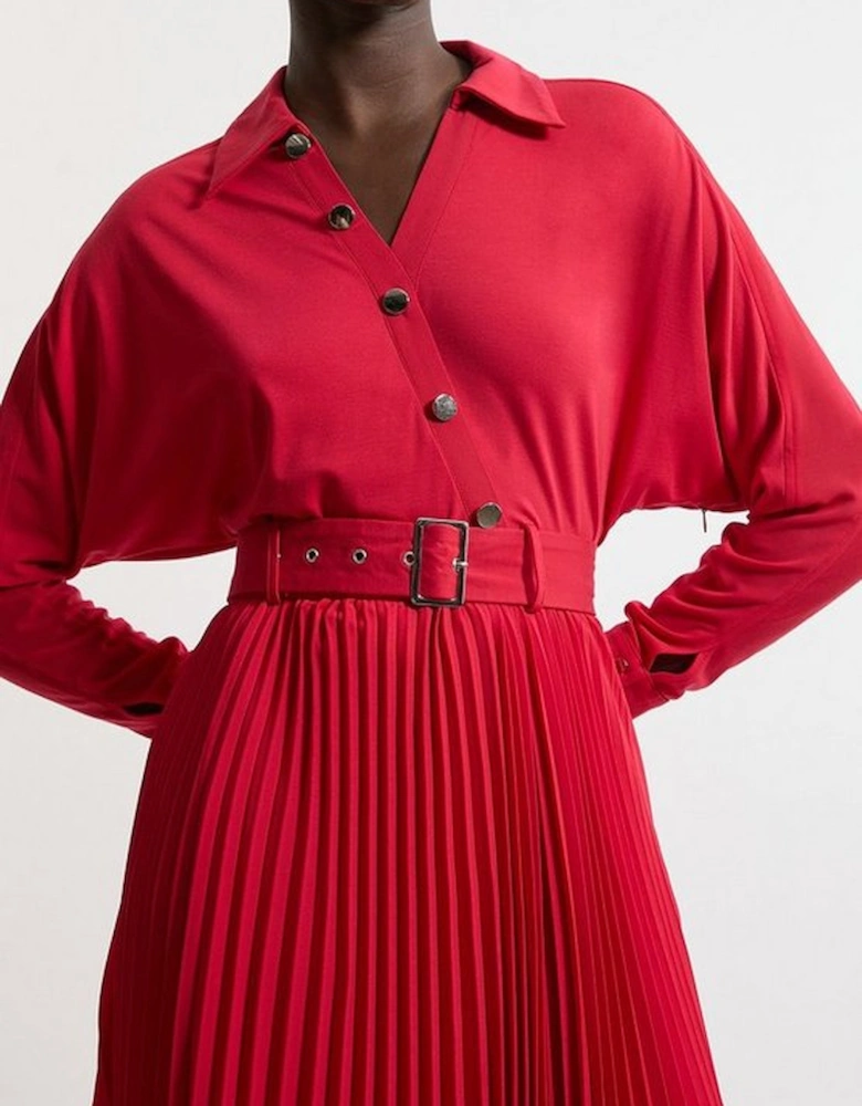 Jersey And Georgette Mix Belted Pleat Midi Dress