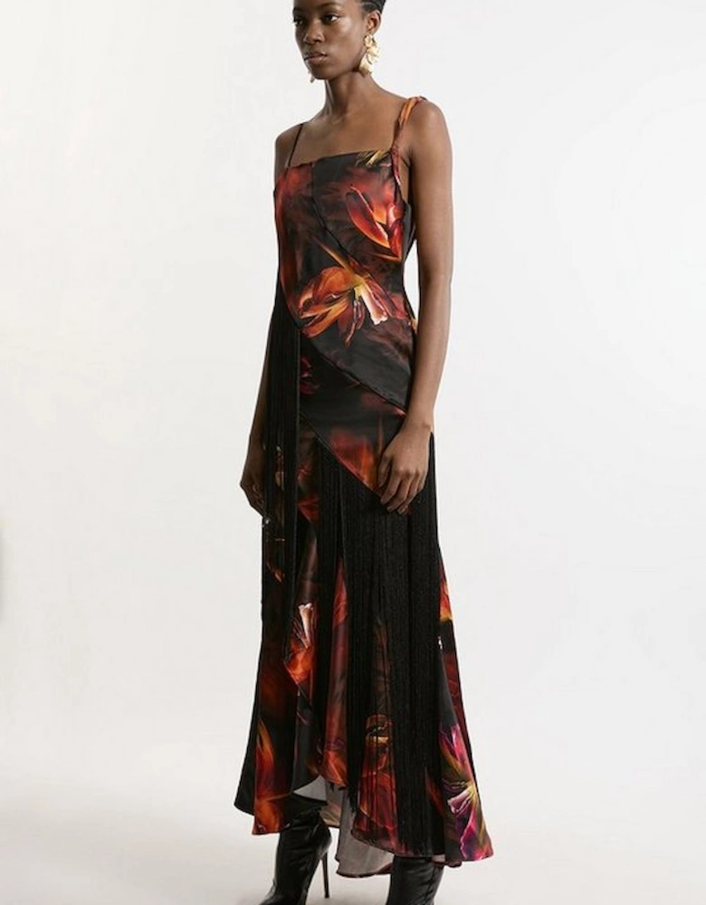 Floral Heavy Satin Panelled Fringed Woven Strappy Maxi Dress