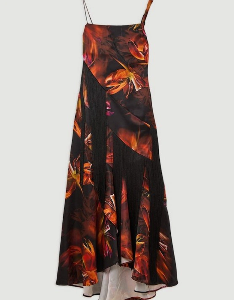 Floral Heavy Satin Panelled Fringed Woven Strappy Maxi Dress