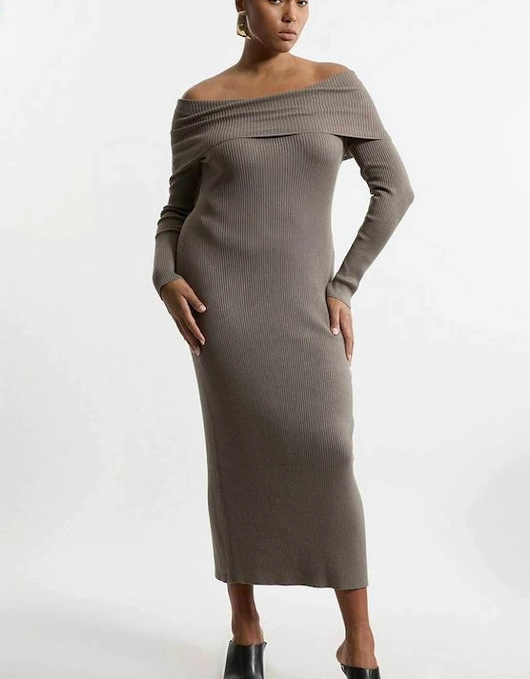 Plus Size Viscose Blend Rib Detail Bardot Knit Midi Dress