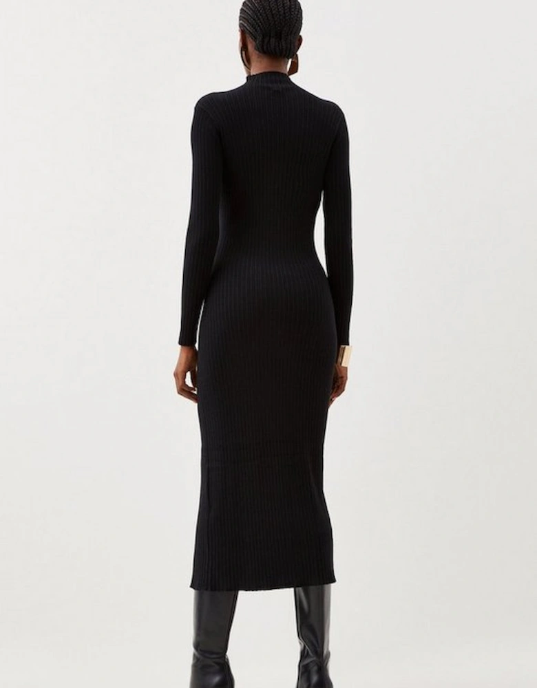 Viscose Blend Popper Detail Split Knit Midi Dress