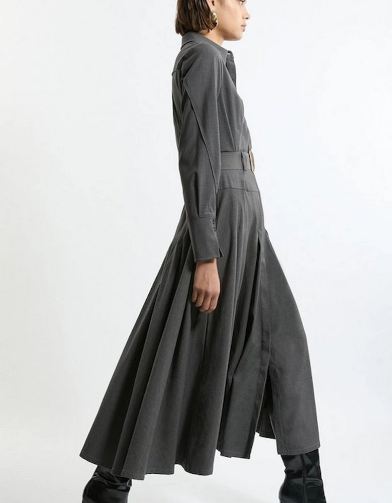 Wool Blend Pleated Tailored Belted Maxi Shirt Dress