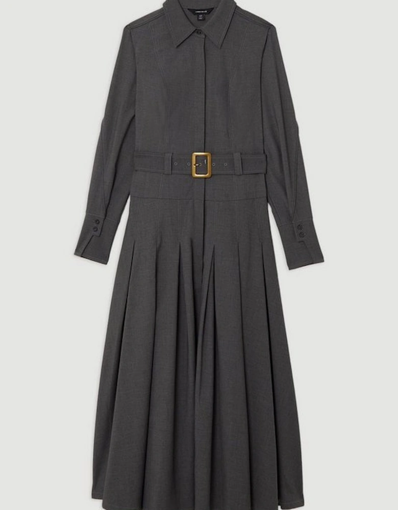 Wool Blend Pleated Tailored Belted Maxi Shirt Dress