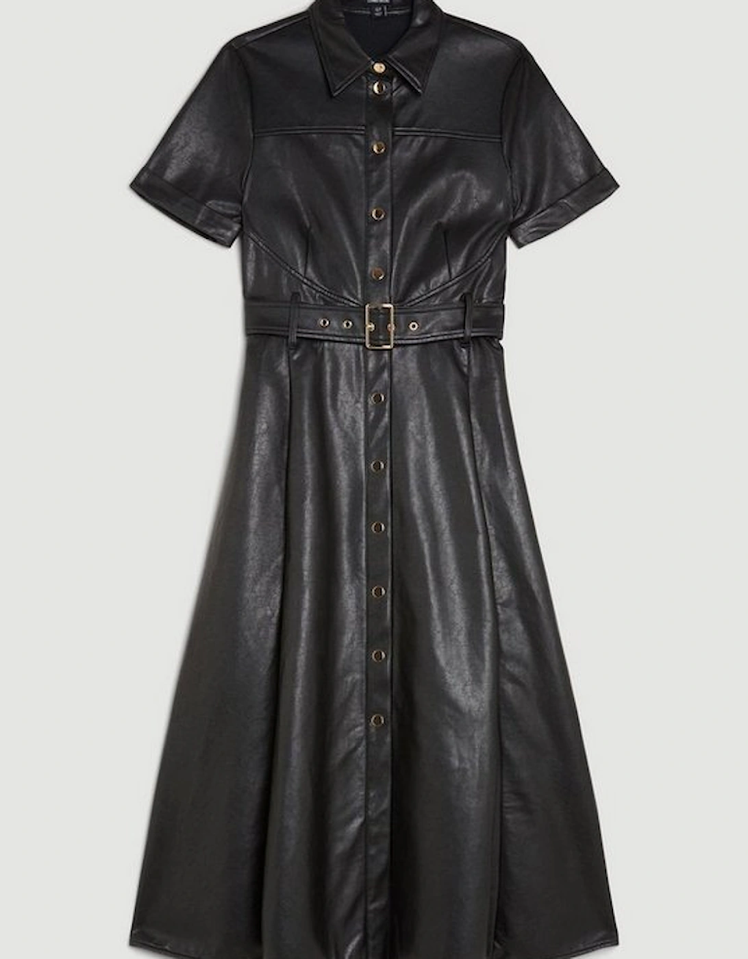 Faux Leather Belted Midi Shirt Dress