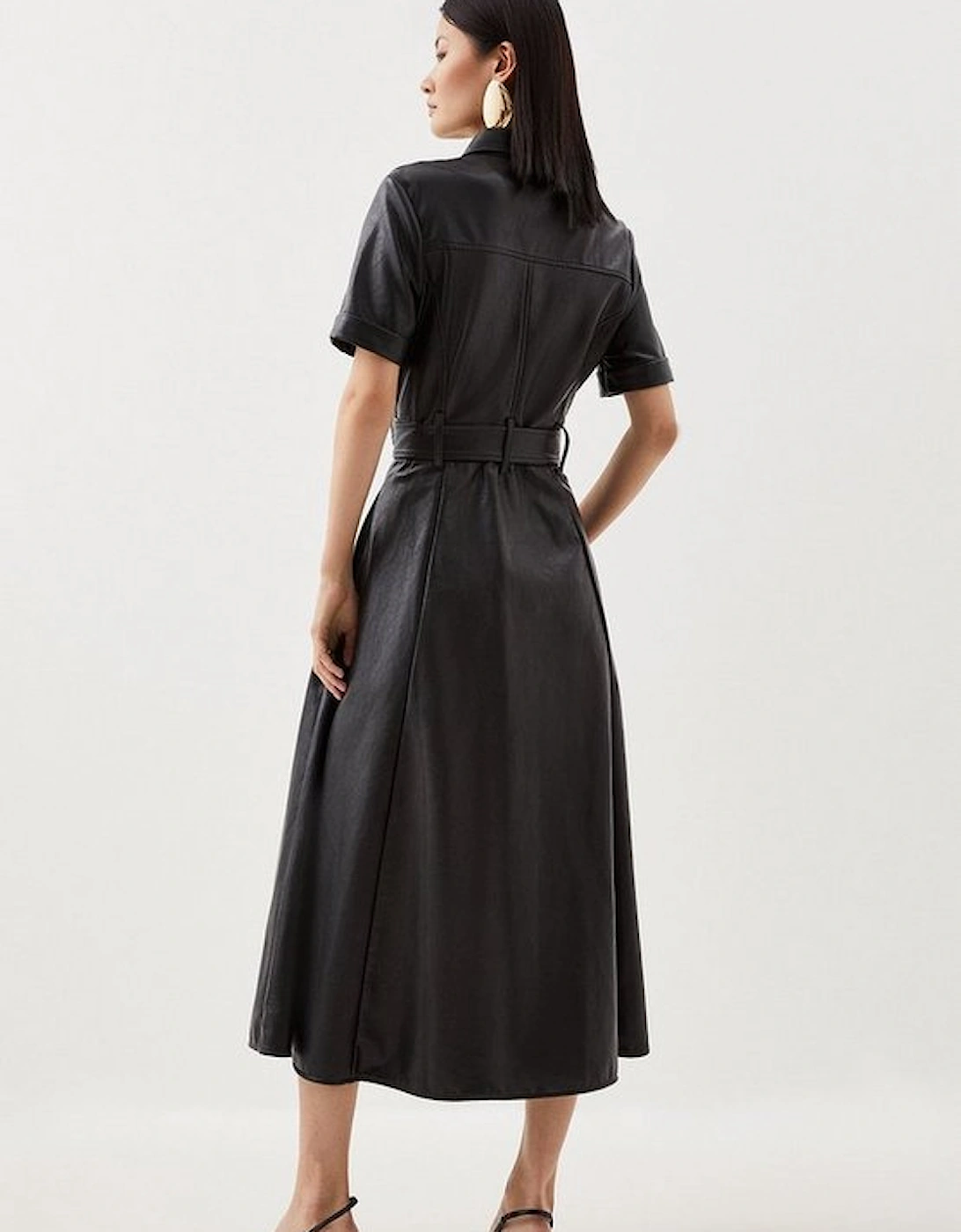 Faux Leather Belted Midi Shirt Dress