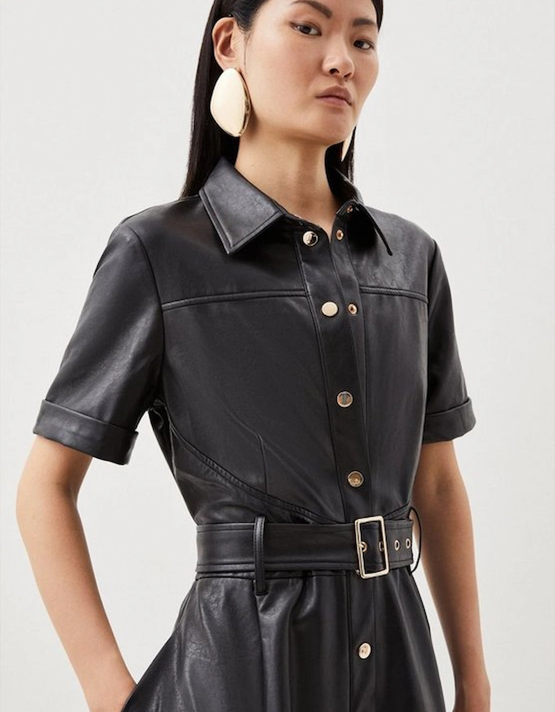 Faux Leather Belted Midi Shirt Dress