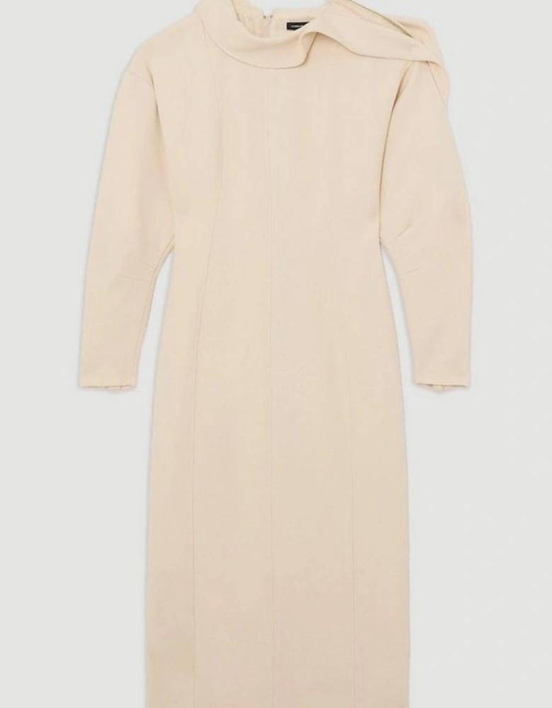 Structured Crepe Tailored Asymmetric Zip Neck Midi Dress