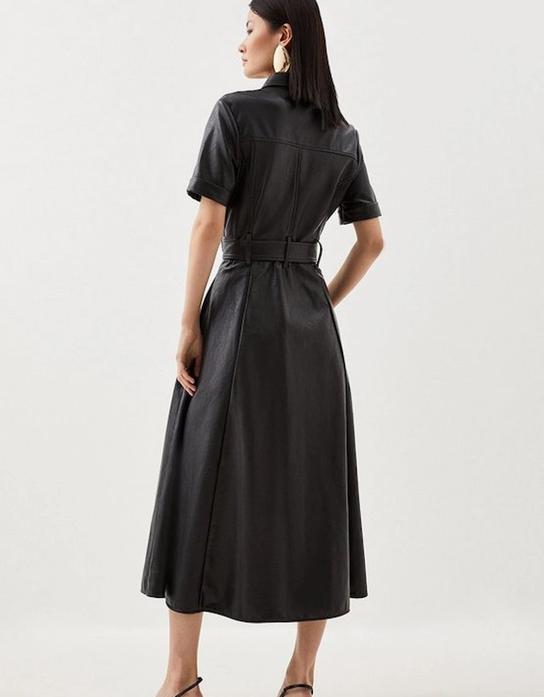 Petite Faux Leather Belted Midi Shirt Dress