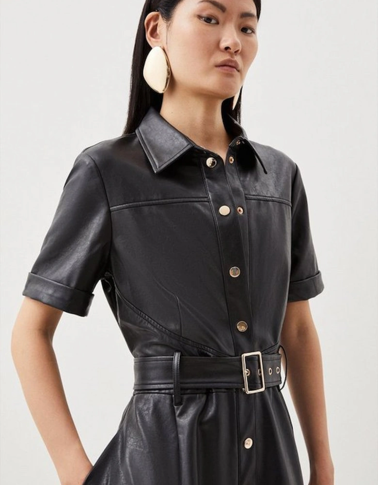 Petite Faux Leather Belted Midi Shirt Dress