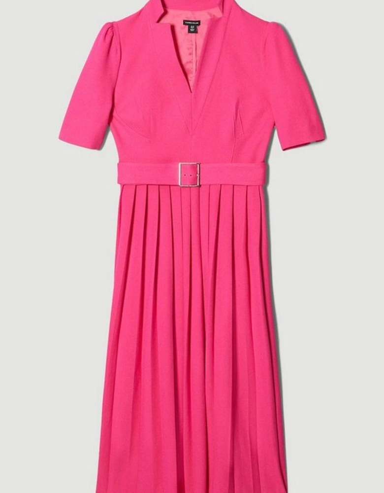 Tailored Structured Crepe Forever Pleat Belted Midi Dress