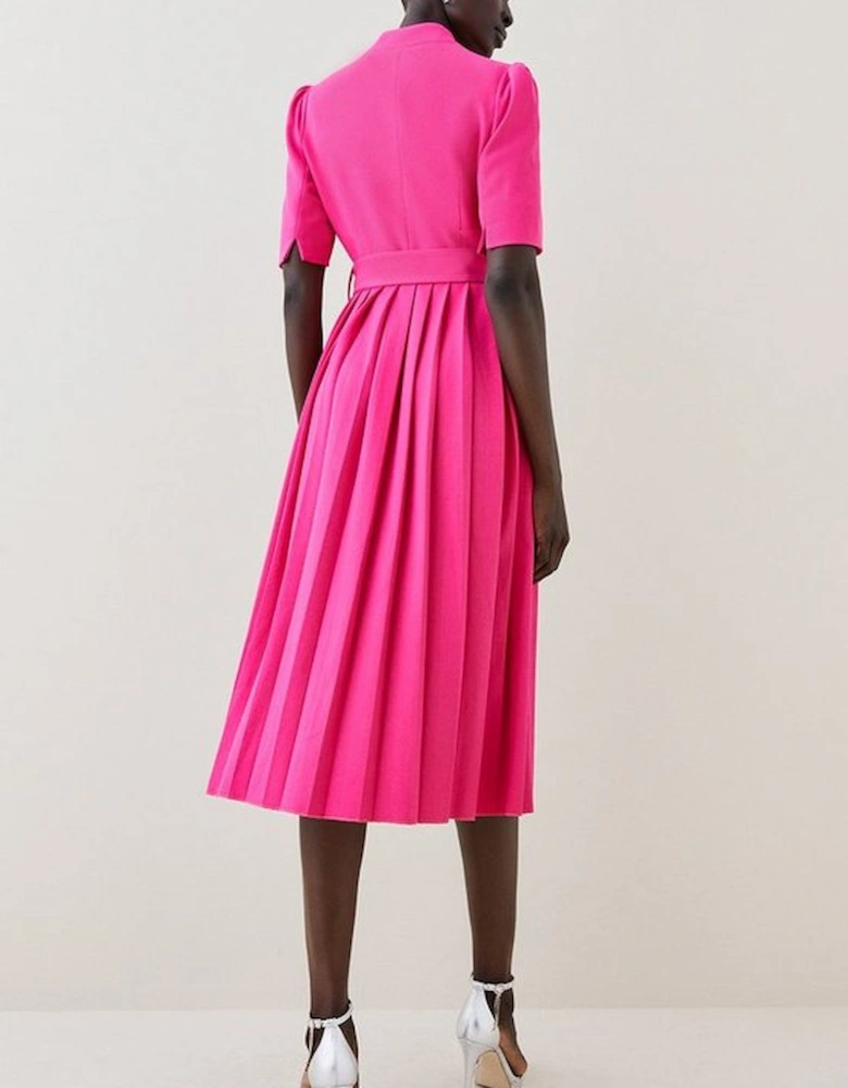 Tailored Structured Crepe Forever Pleat Belted Midi Dress