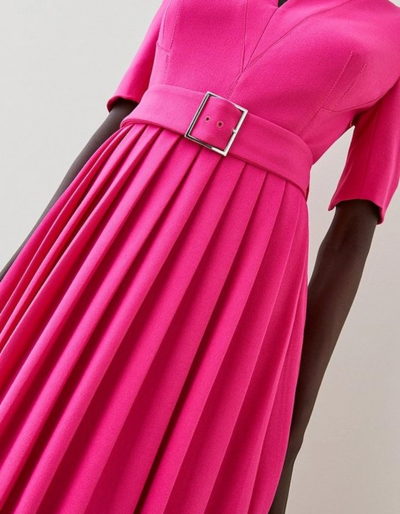 Tailored Structured Crepe Forever Pleat Belted Midi Dress