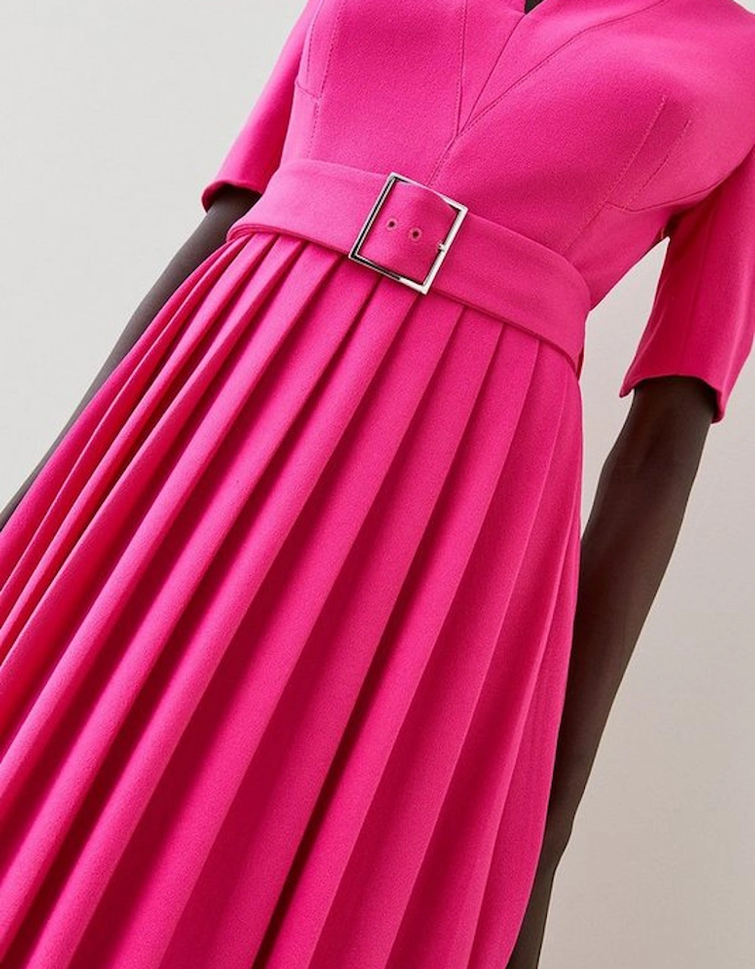 Tailored Structured Crepe Forever Pleat Belted Midi Dress