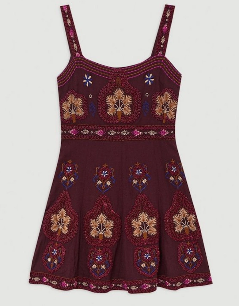 Cotton Embroidered Strappy Woven Mini Dress