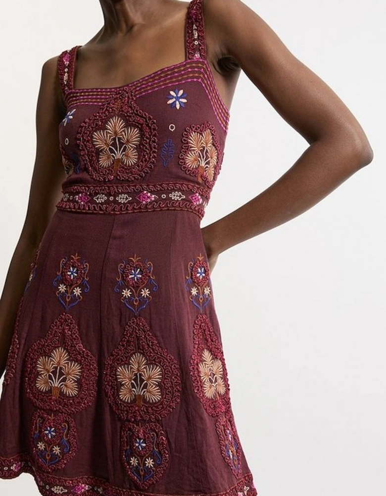 Cotton Embroidered Strappy Woven Mini Dress