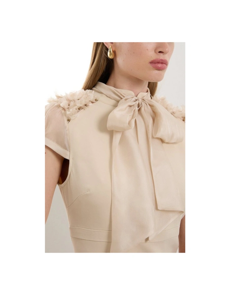 The Founder Petite Organza Petal Applique Woven Tie Neck Midi Dress