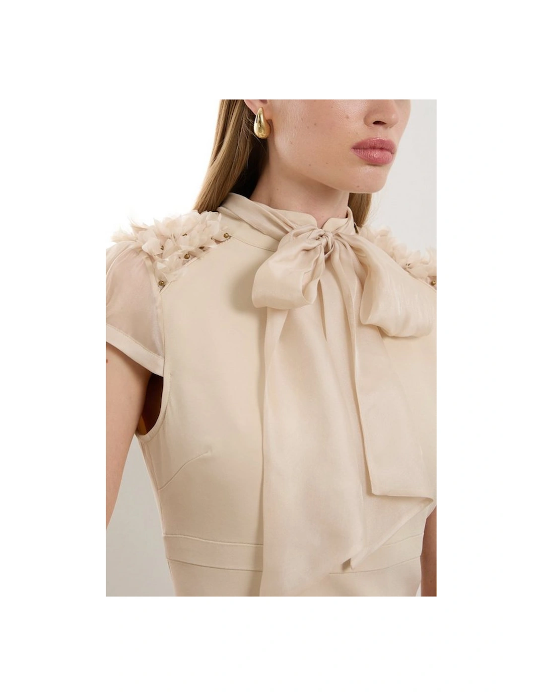 The Founder Petite Organza Petal Applique Woven Tie Neck Midi Dress