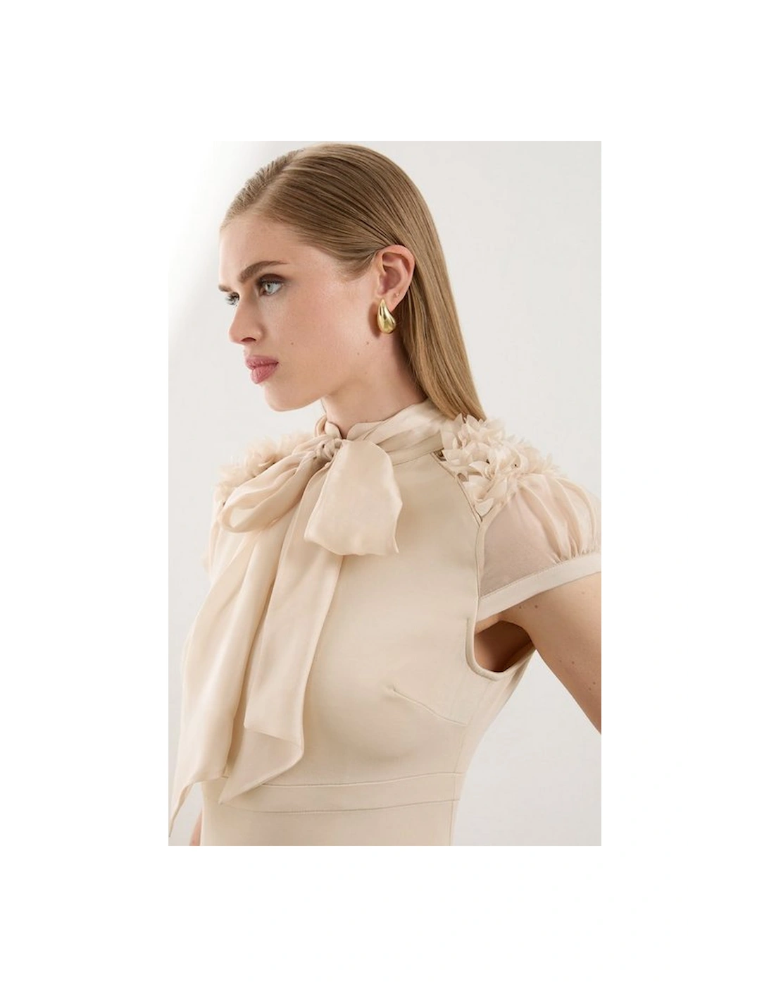 The Founder Petite Organza Petal Applique Woven Tie Neck Midi Dress