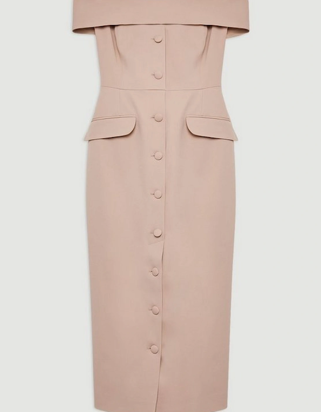 Italian Structured Rib Bardot Button Through Tailored Midi Dress