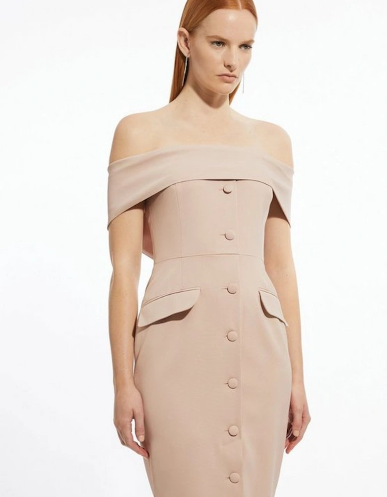 Italian Structured Rib Bardot Button Through Tailored Midi Dress