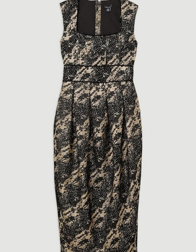 Petite Metallic Velvet Jacquard Tailored Square Neck Midi Dress