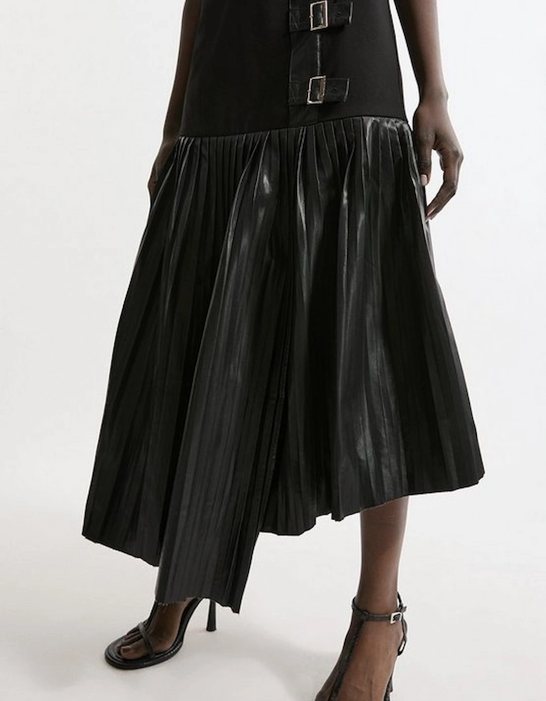 Pu And Ponte Sleeveless Pleated Skirt Maxi Dress