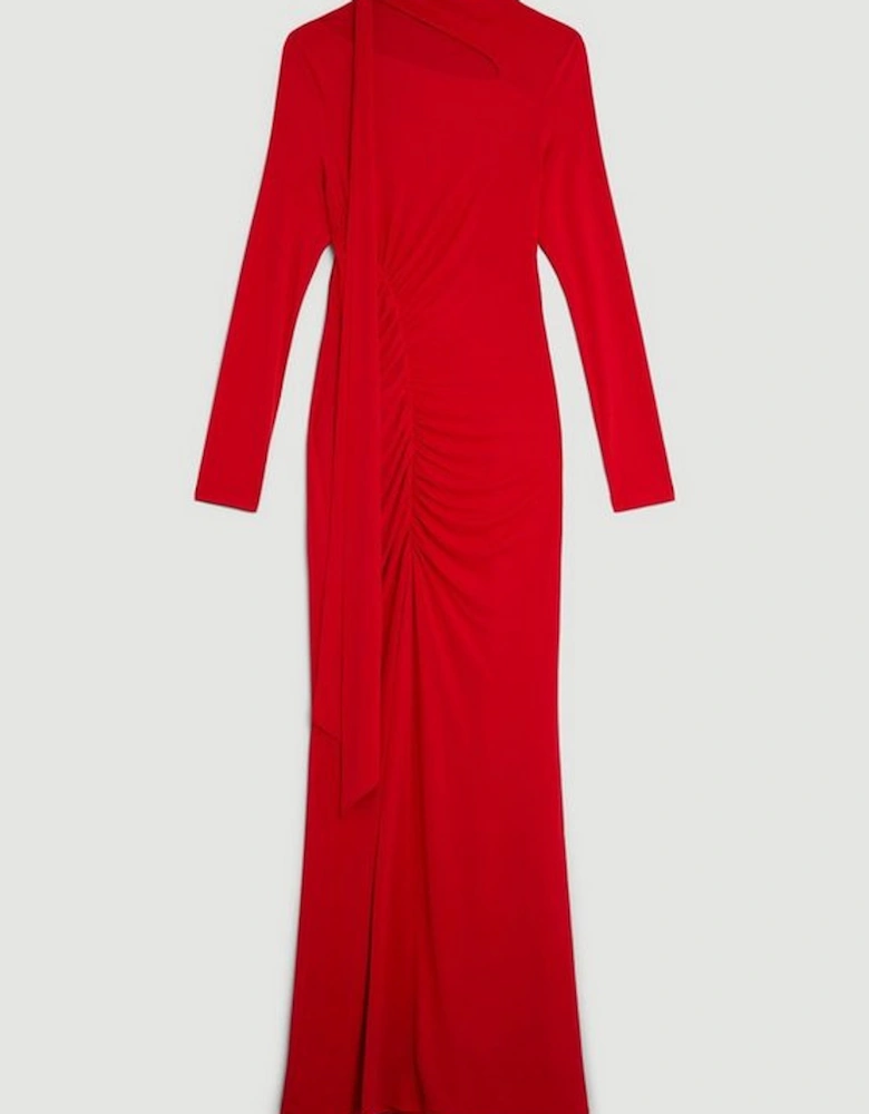 Jersey Crepe Ruched Tie Long Sleeve Maxi Dress