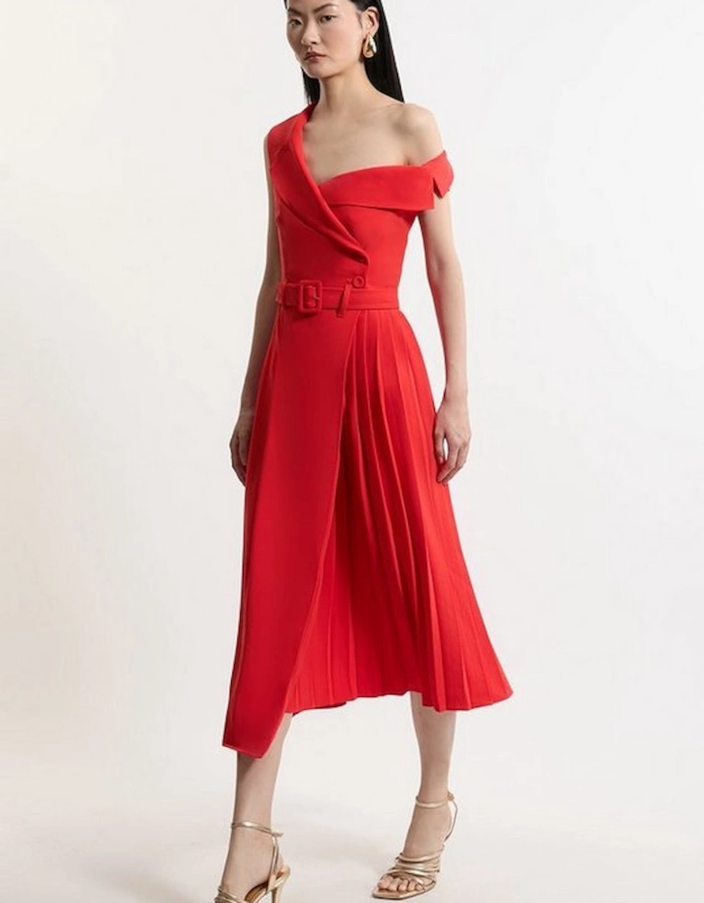 Soft Tailored Crepe One Shoulder Belted Pleated Midi Dress