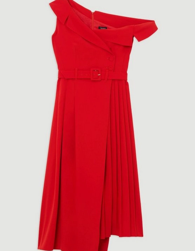 Soft Tailored Crepe One Shoulder Belted Pleated Midi Dress