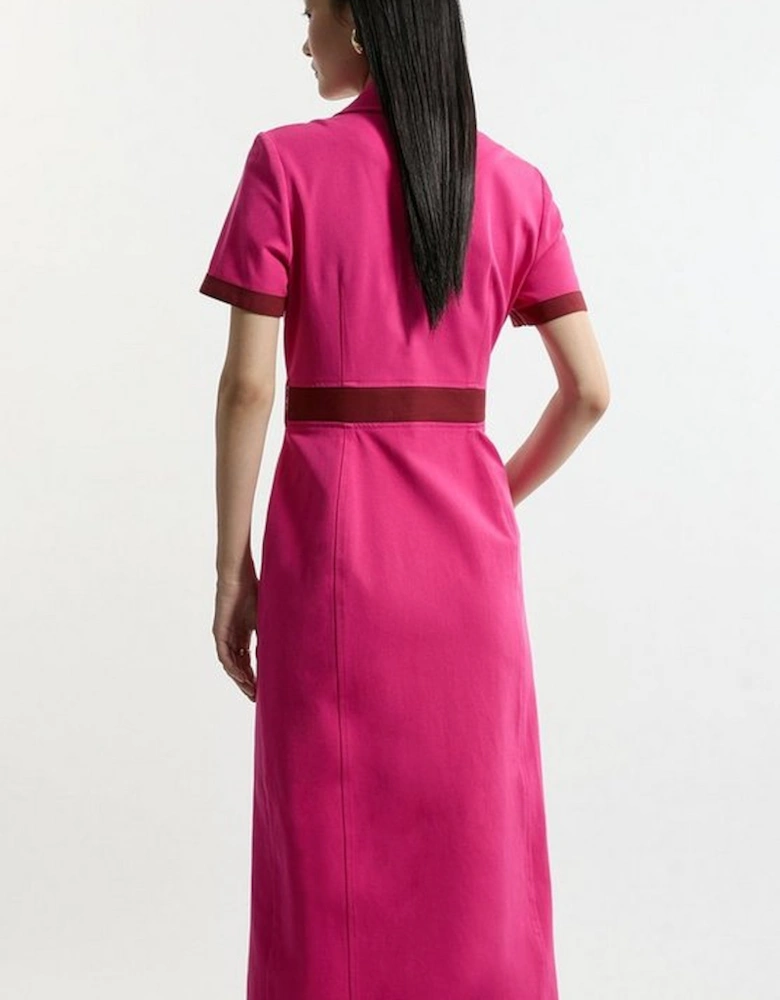 Compact Stretch Colourblock Grosgrain Button Tailored Midi Dress