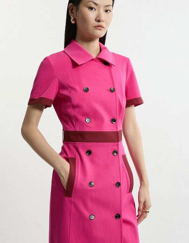 Compact Stretch Colourblock Grosgrain Button Tailored Midi Dress