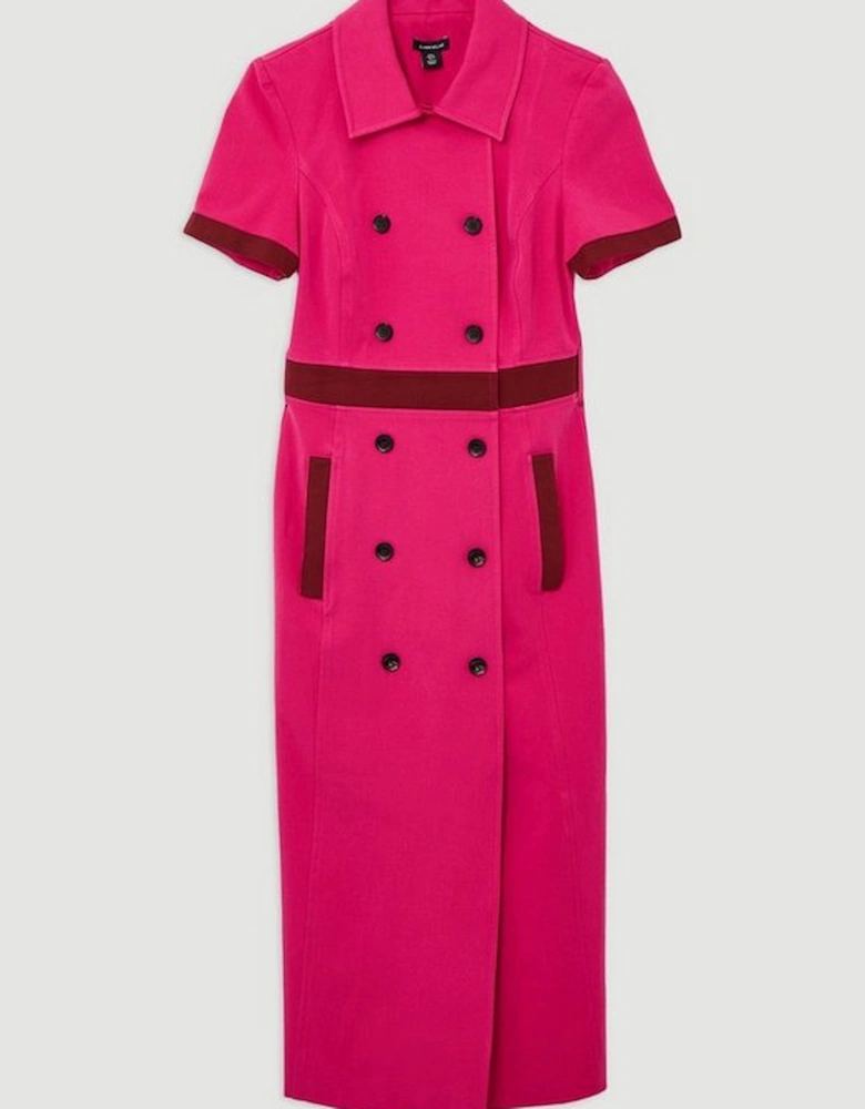 Compact Stretch Colourblock Grosgrain Button Tailored Midi Dress