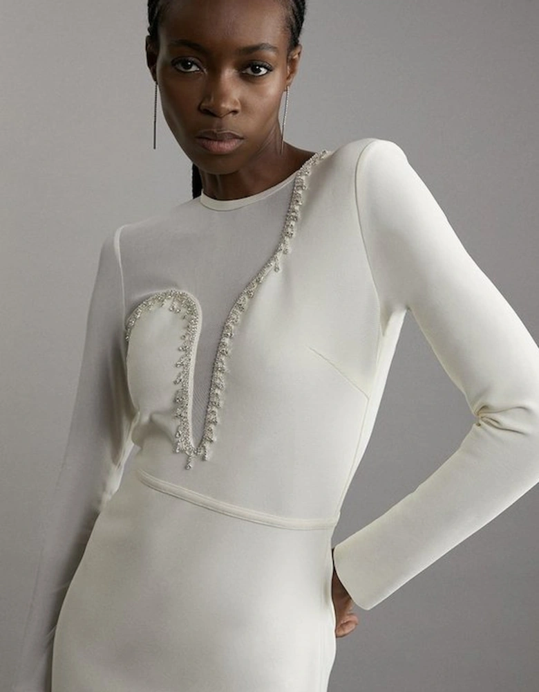 Figure Form Bandage Mesh Detail Asymmetric Trim Midi Dress