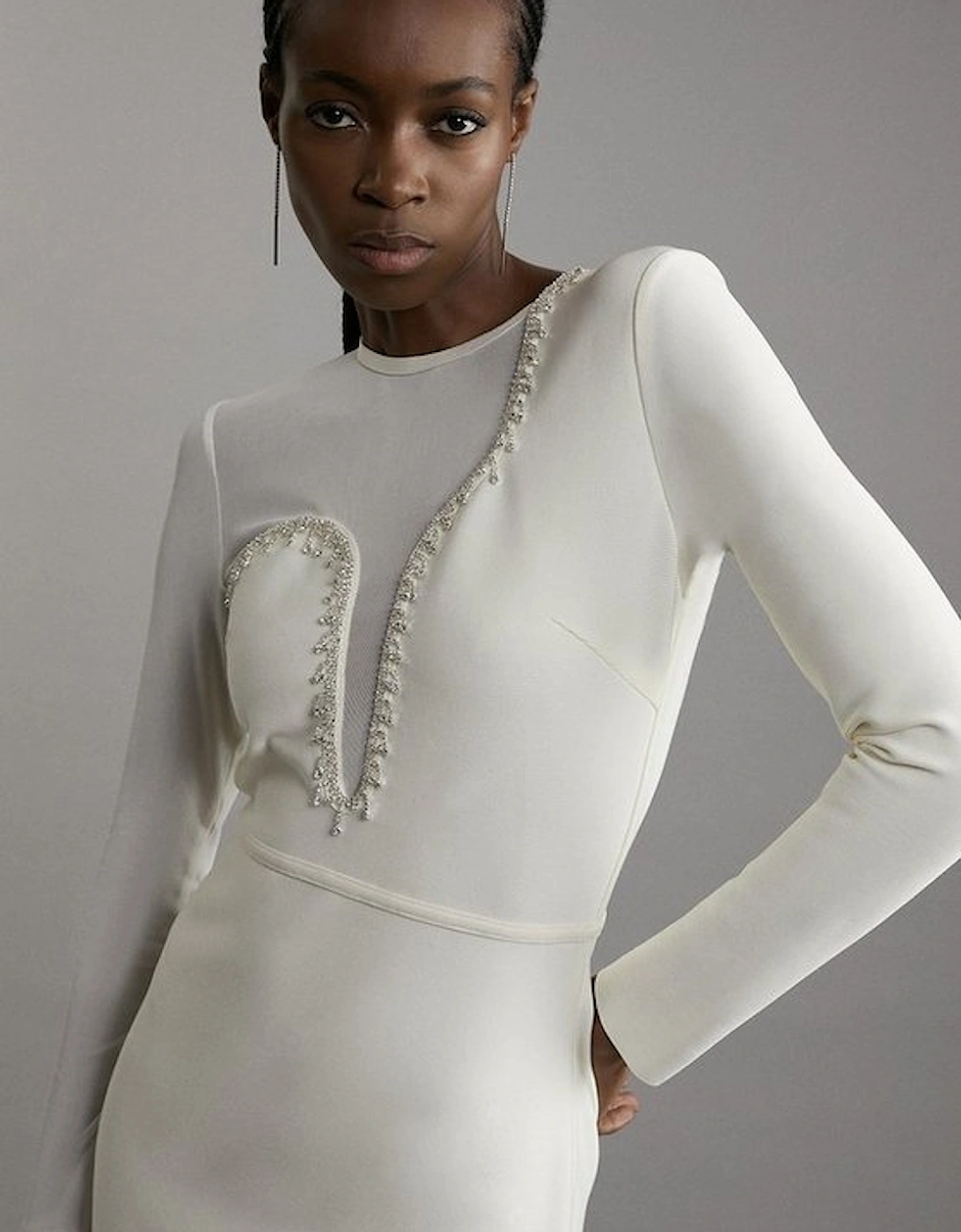 Figure Form Bandage Mesh Detail Asymmetric Trim Midi Dress