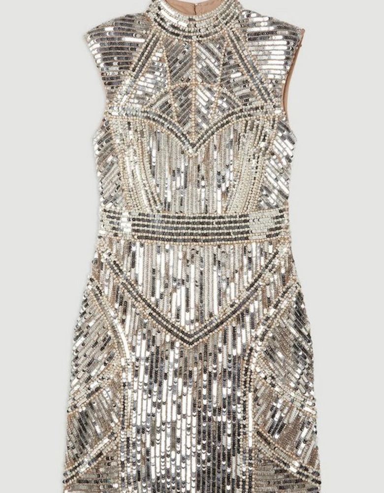 Embellished Sequin And Beaded Strong Shoulder Mini Dress