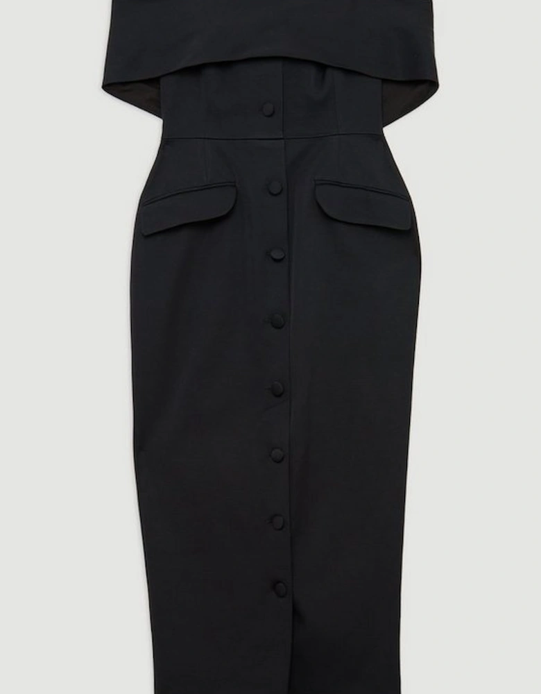 Italian Structured Rib Bardot Button Through Tailored Midi Dress