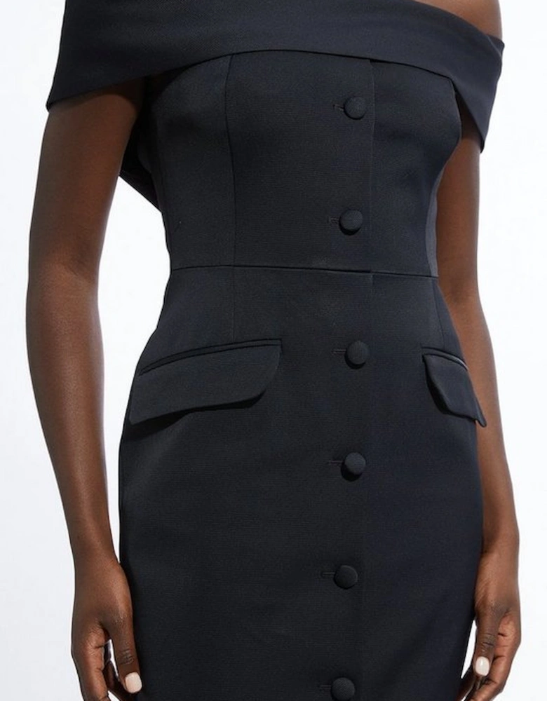 Italian Structured Rib Bardot Button Through Tailored Midi Dress