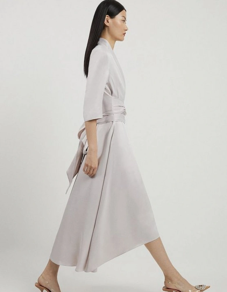 Satin Back Crepe Wrap Tie High Low Maxi Dress