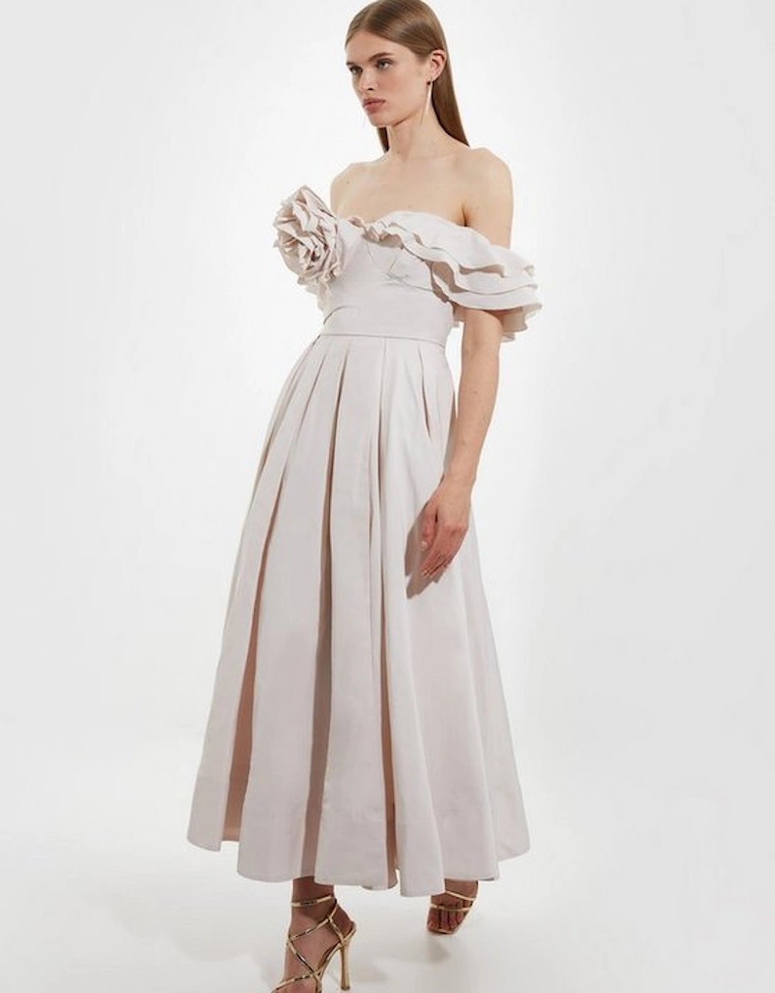 Off The Shoulder Taffeta Ruffle Woven Maxi Dress