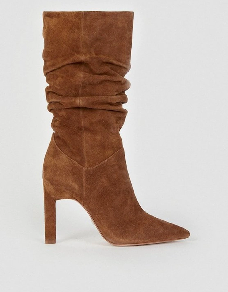 Suede Mid Calf Slouch Heeled Boot